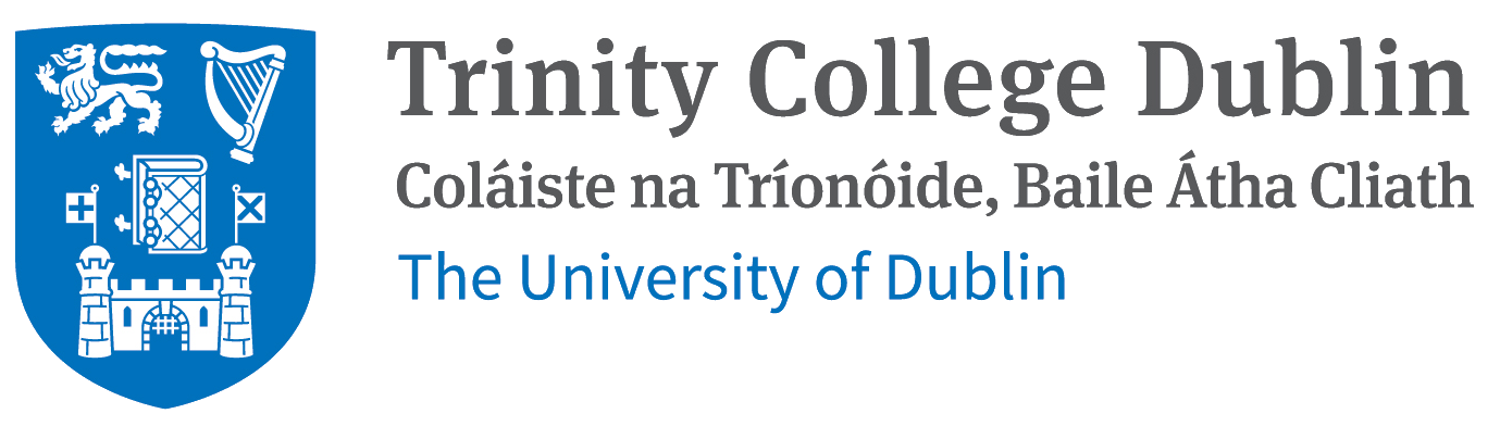 Trinity College Dublin logo with crest and text in English and Irish, representing the University of Dublin.
